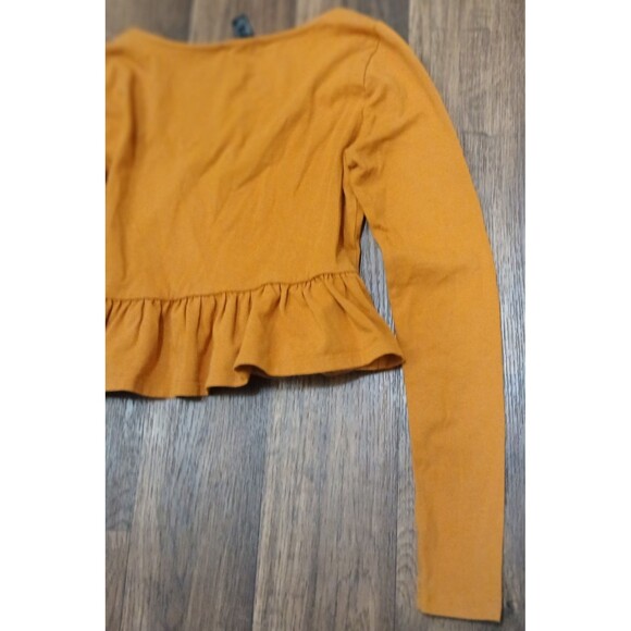Juniors Small Cropped Peplum Long Sleeve Top Rust Ochre Yellow Boho Y2K - Picture 7 of 9